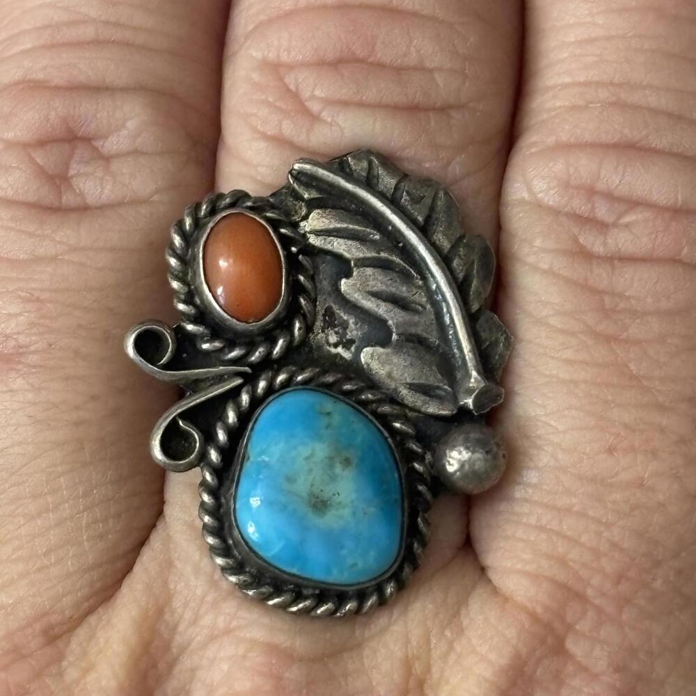 Vtg 60s/70s Navajo Sterling turquoise & coral ring sz 8 - Picture 6 of 6
